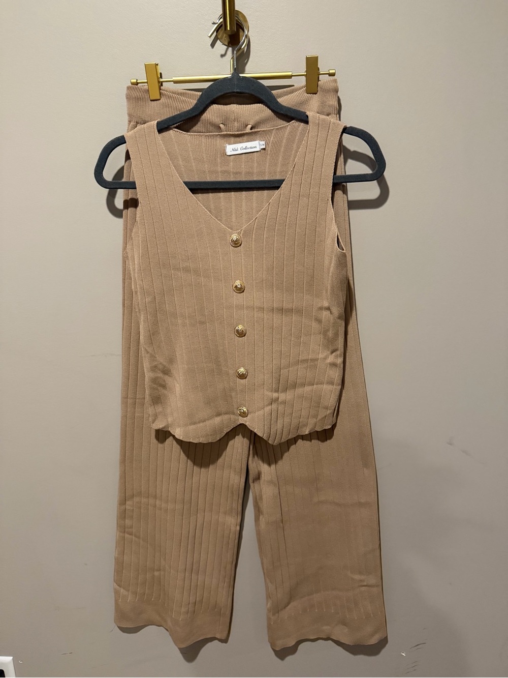 Ribbed Knit Wide-Leg Lounge Pants | Beige